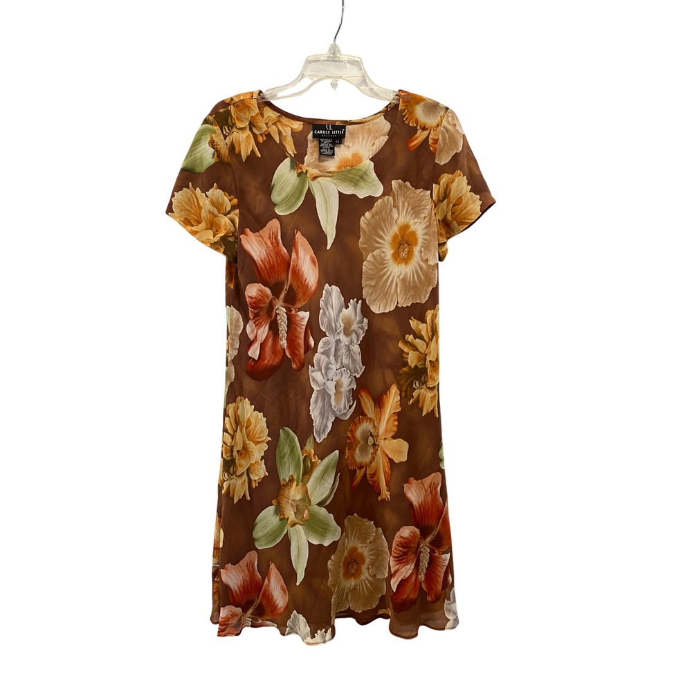Carole Little Vintage 90s Brown Floral Tropical Shift Dress Womens Size 12